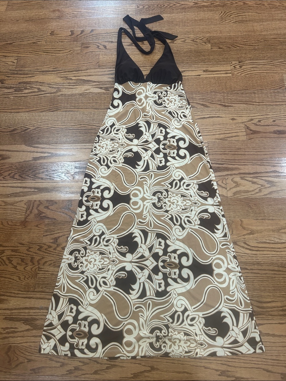 Halter Maxi Dress in Brown and Cream
